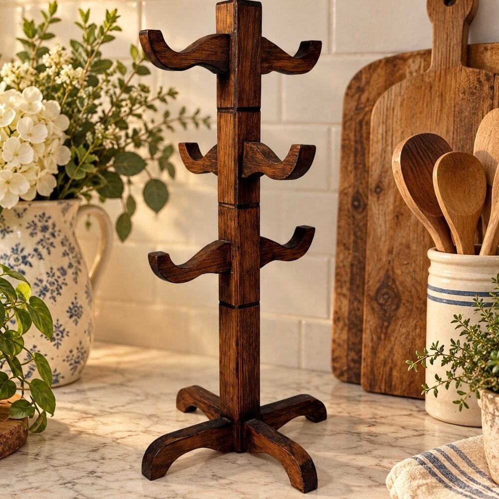 Vintage Wooden Farmhouse Coffee Cup Mug Tree Kitchen Decor Display Stand 6 Arm